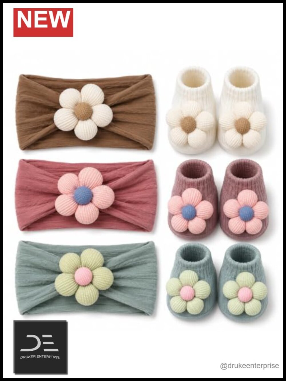 3D Floral Headband & Non-Slip Socks Set for Baby Girls Newborn to Toddler |